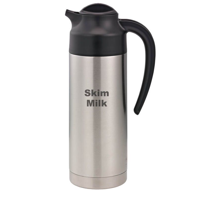 SteelVac® 1-Liter Vacuum Insulated Creamer with Steel Base Laser Etched "Skim Milk" in Brushed Stainless and Black