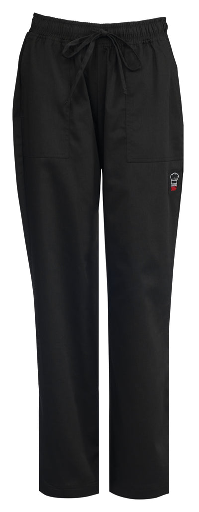 Winco UNF-8KL Large Chef Pants Poly-Cotton Elastic Waistband Black with Pockets