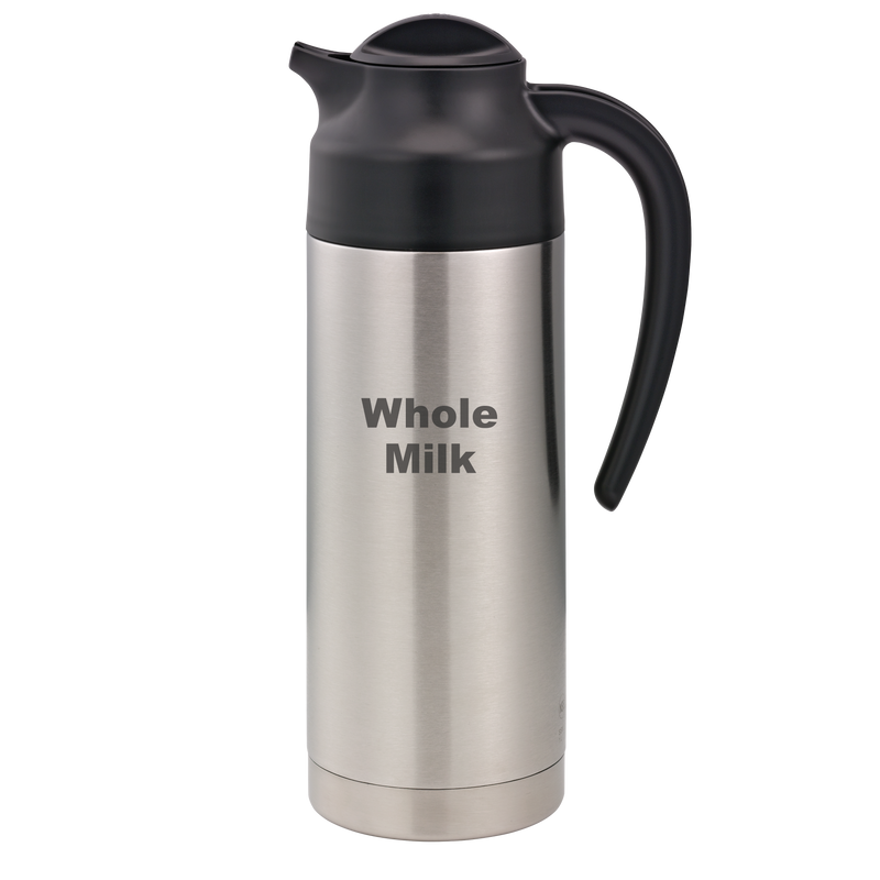 SteelVac® 1-Liter Vacuum Insulated Creamer with Steel Base Laser Etched "Whole Milk" in Brushed Stainless and Black