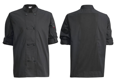Winco UNF-12KXL XL Tapered Fit Ventilated Chef Coat Black Poly-Cotton