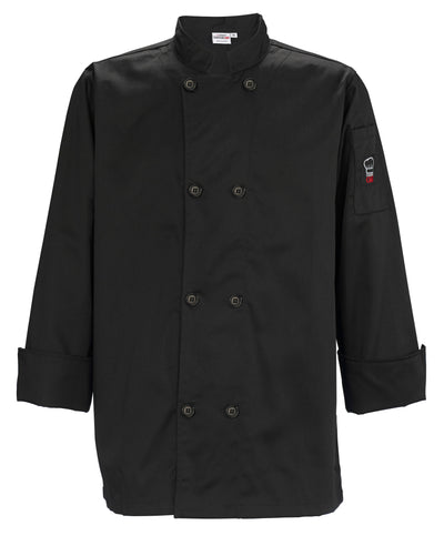 Winco UNF-6KXXL Chef Coat Tapered Fit Double Breasted Black Poly-Cotton