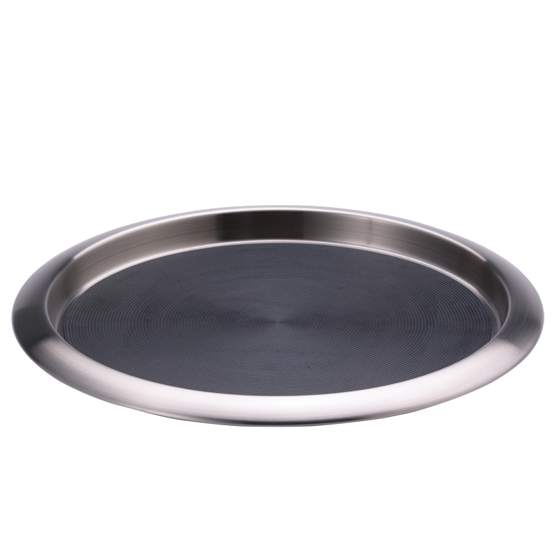 Non-Slip Silicone Surface 14 in. Medium Round Serving Tray in Brushed Stainless and Black