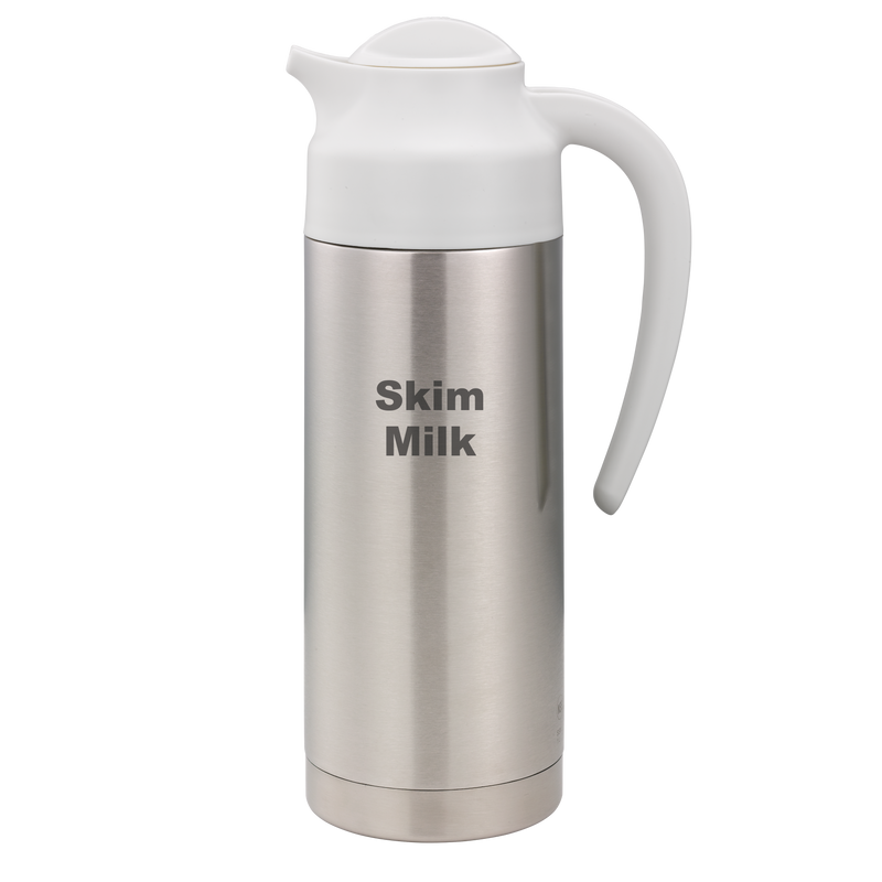 SteelVac® 1-Liter Vacuum Insulated Creamer with Steel Base Laser Etched "Skim Milk" in Brushed Stainless and White