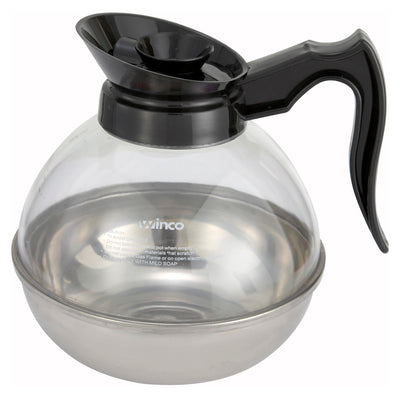 Winco CD-64K 64 Oz Coffee Decanter - Black Handle Regular Glass with Stainless Steel Collar