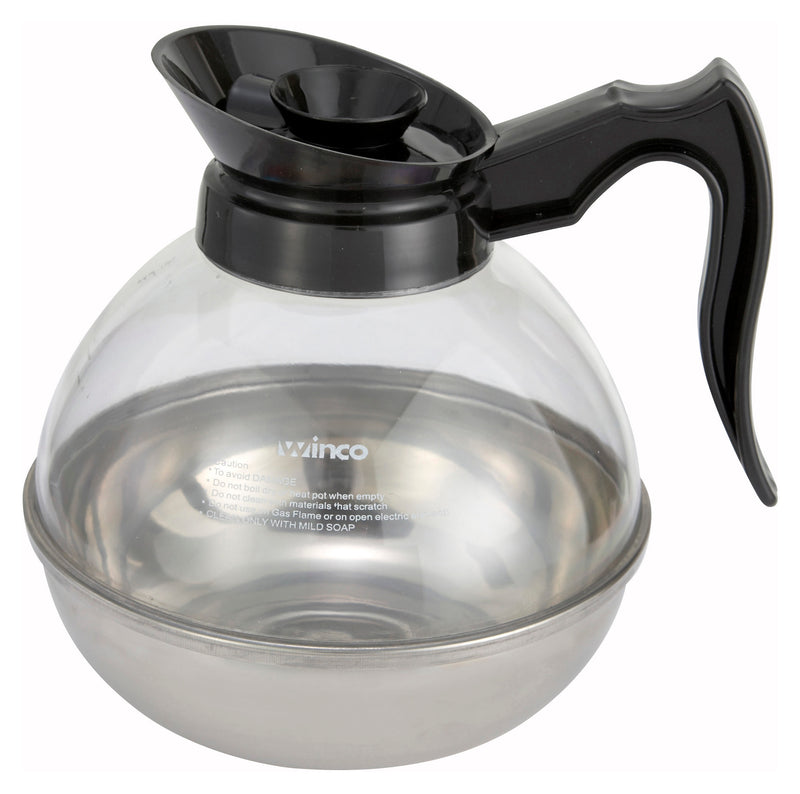 Winco CD-64K 64 Oz Coffee Decanter - Black Handle Regular Glass with Stainless Steel Collar