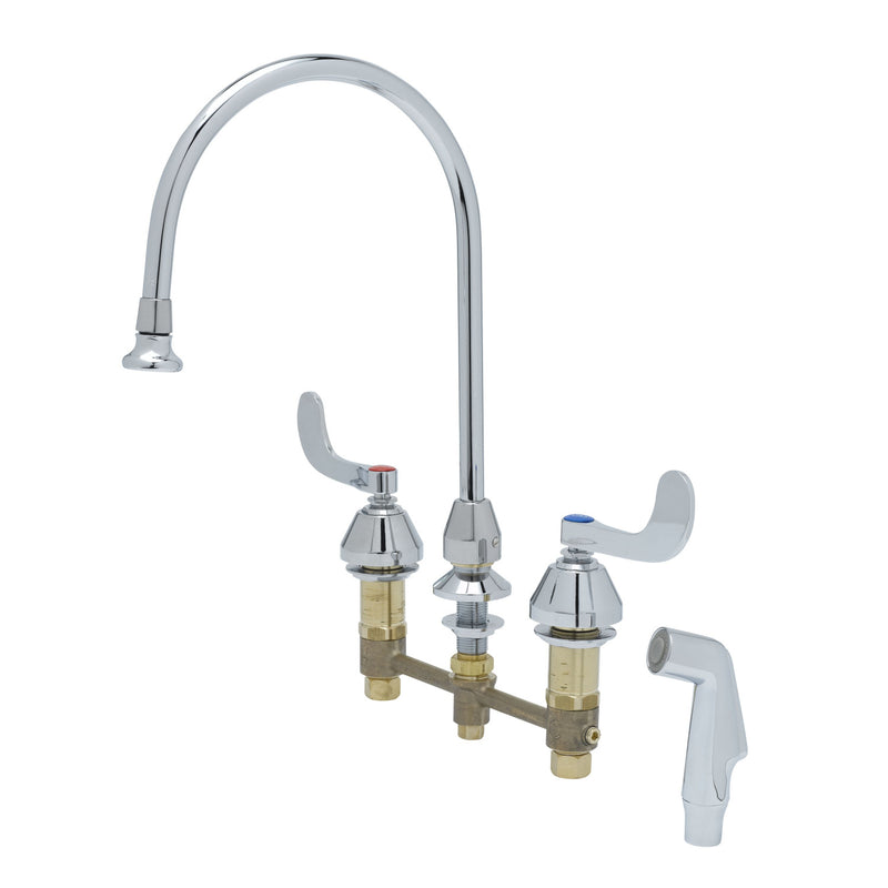 T&S Brass B-2347 Medical Faucet - 8 Inch Centers Rosespray Gooseneck Sidespray 4 Wrist Handles