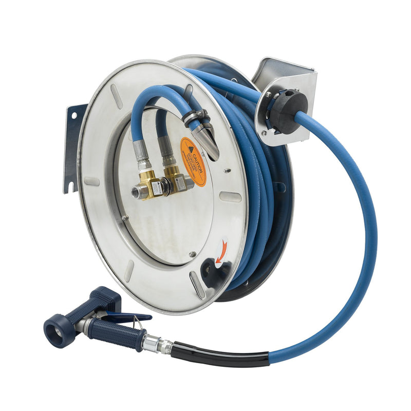 T&S Brass B-7143-02 Open SS Hose Reel - 1/2" x 50' w/ 5/16" Rear Trigger Gun
