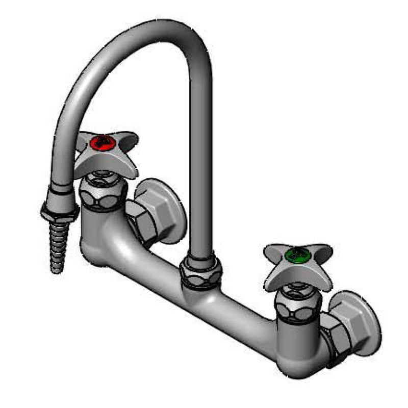 T&S Brass BL-5725-01 Lab 8" Wall Mount Mixing Faucet - Rigid Gooseneck & 4-Arm Handles