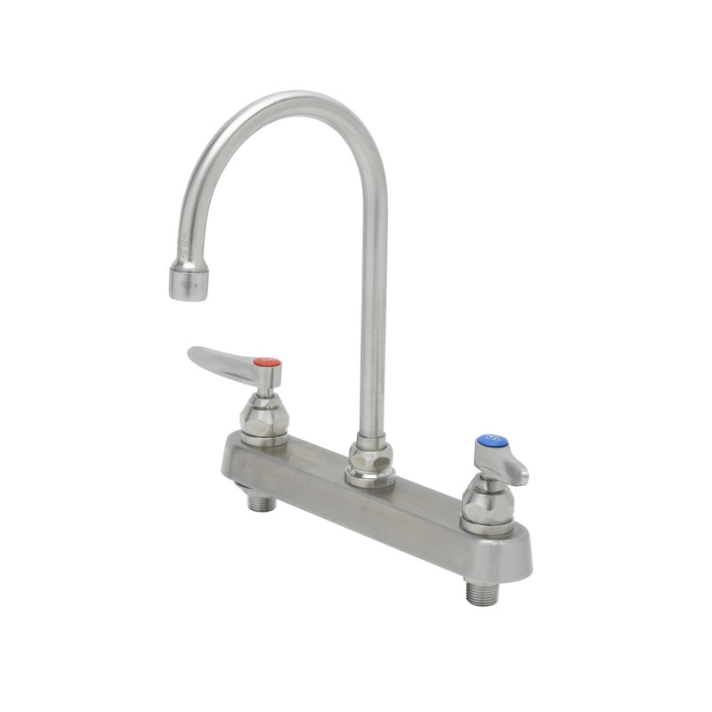 T&S Brass S-1142 8" Deck Mount Stainless Steel Workboard Faucet - 6" Gooseneck & Lever Handles