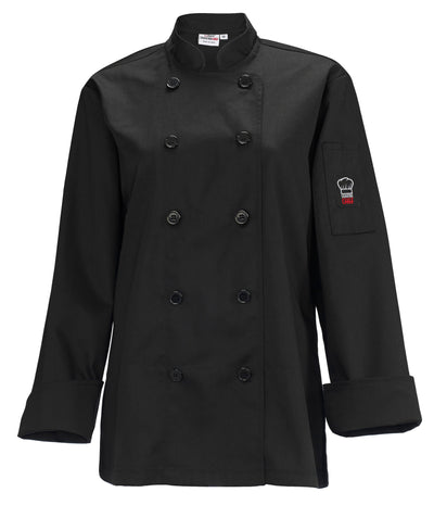 Winco UNF-7KM Medium Women's Chef Jacket Tapered Fit Black Poly-Cotton with Thermometer Pocket