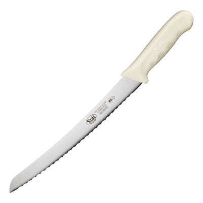 Winco KWP-91 9-1/2 Inch Curved Bread Knife - High Carbon Steel White Polypropylene Handle