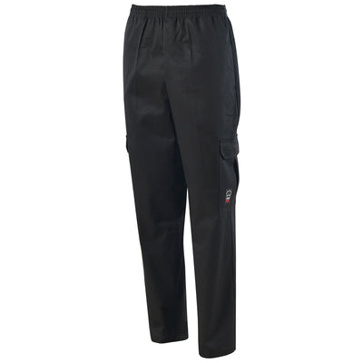 Winco UNF-11KM Medium Cargo Chef Pants Black Elastic Waistband with Drawstring