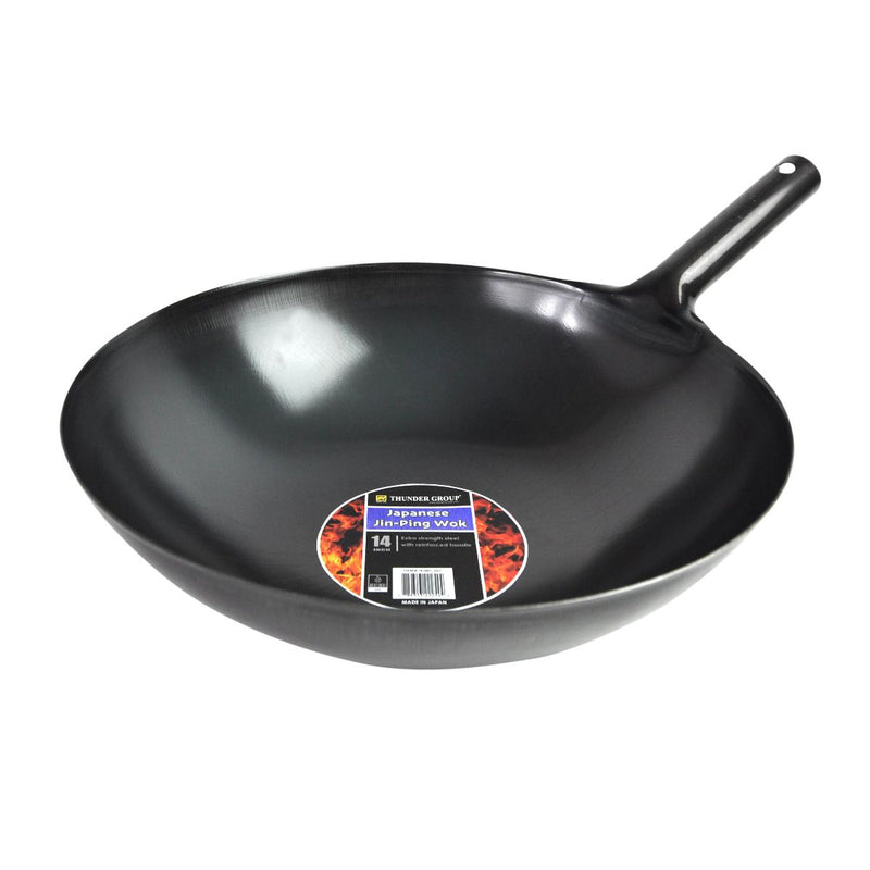 Thunder Group IRJWC301 14 Inch Japanese Jin Ping Wok - Reinforced Welding Steel Made in Japan