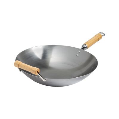 Winco J20-1140 14 Inch Carbon Steel Wok - Round-Bottom Birch Handles Classic Series