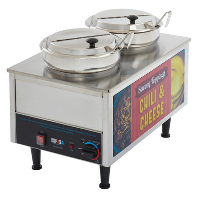 Winco 51072A 21 Inch Chili and Cheese Warmer with Two 7 Qt Wells and Ladles