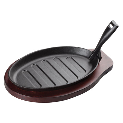 Winco ISP-3 10 Inch Cast Iron Steak Platter Set - With Wood Underliner Gripper Handle 3 Piece