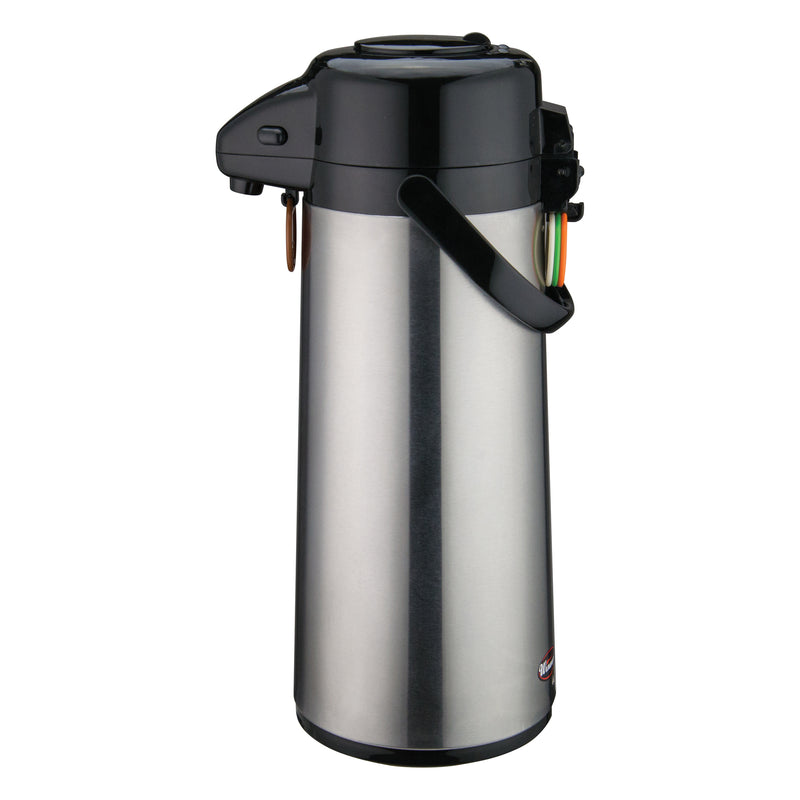 Winco AP-525 2.5 Liter Airpot Glass Liner Push Button Stainless Steel with Tags