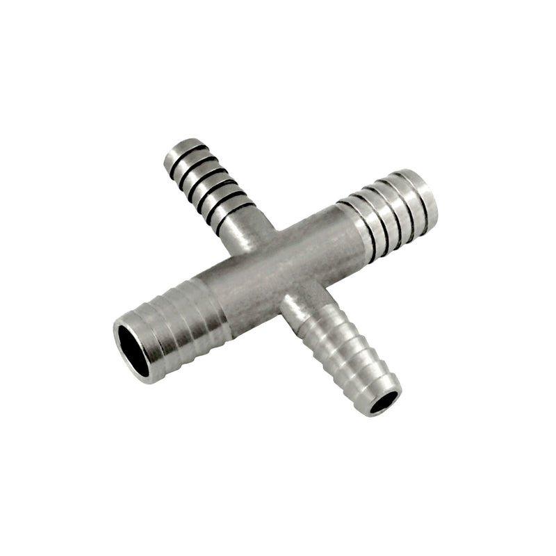 Cross - 304 Stainless Steel - 3/8" Hose Barb Across X 1/4" Hose Barb Down