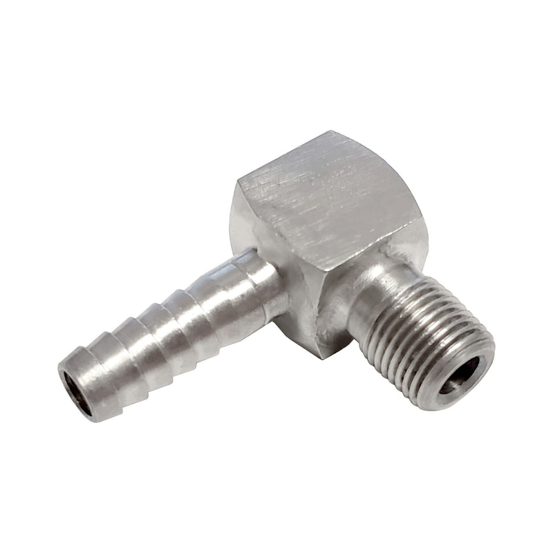 90° Adapter - 304 Stainless Steel - 1/4" Hose Barb X 1/8"Male Pipe Thread (MPT)