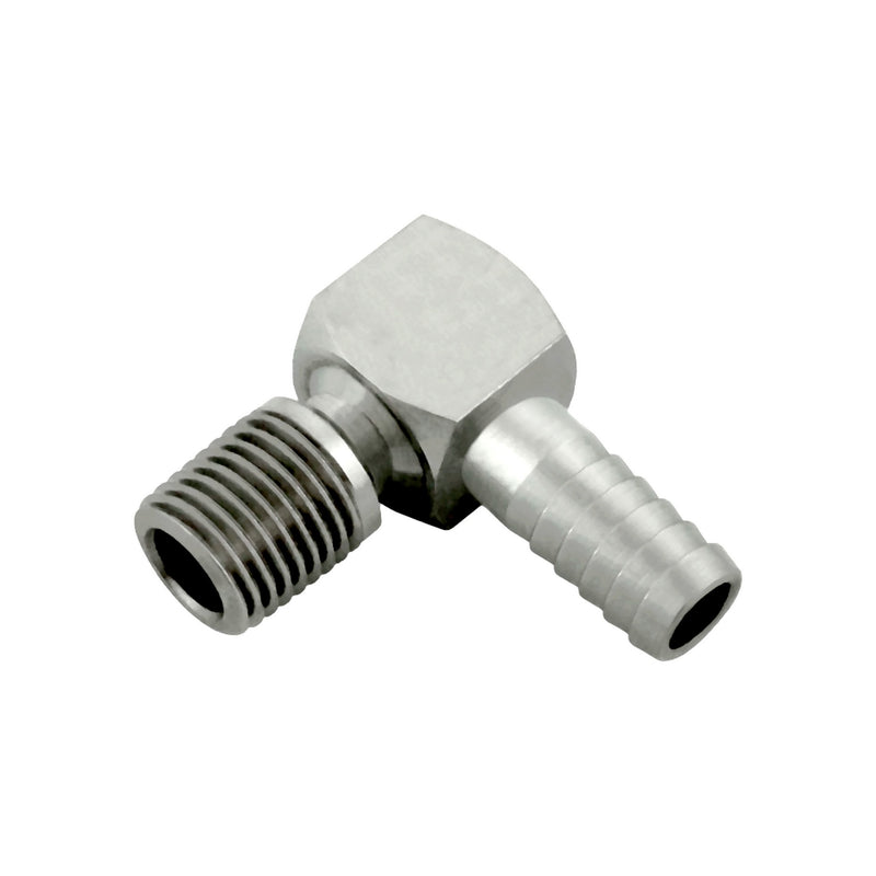 90° Adapter - 304 Stainless Steel - 3/8" Hose Barb X 1/4"Male Pipe Thread (MPT)
