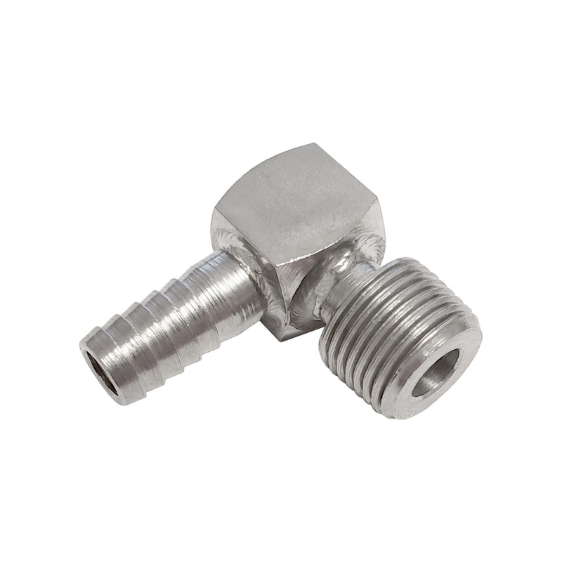 90° Adapter - 304 Stainless Steel - 3/8" Hose Barb X 3/8"Male Pipe Thread (MPT)