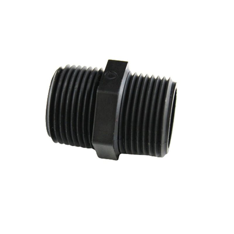 Hex Nipple - Industrial Plastic - 1/2"Male Pipe Thread (MPT) X 3/8"Male Pipe Thread (MPT)