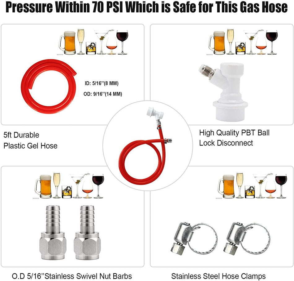 5ft Ball Lock Gas Line, 5/16'' I.D Quick Disconnect Red Gas Hose Assembly with Swivel Nut Barb & Hose Clamps, CO2 Gas Dispensing Tube Kit for Keg Draft Beer Homebrew