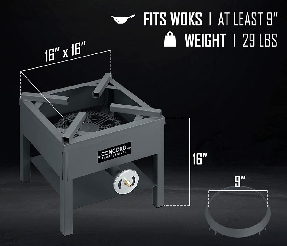 Concord Professional Single Banjo Wok Burner with Stand. Up to 270,000 BTU - Great for Home Brewing, Wok Stir Fry, Turkey, Etc. (16")