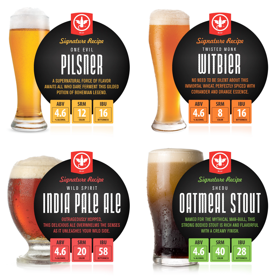 BrewDemon 4 PACK 1 Gallon Homebrew Flight Recipe Kit - Includes Pilser, Witbier, IPA, Oatmeal Stout Recipe Igredient Kits