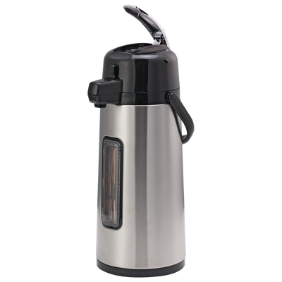 Eco-Air® 2.2-Liter Glass Vacuum Insulated Lever Lid Airpot with Sight Glass in Brushed Stainless and Black
