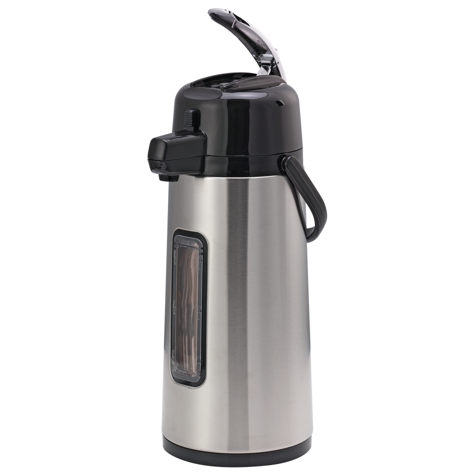 Eco-Air® 2.2-Liter Glass Vacuum Insulated Lever Lid Airpot with Sight Glass in Brushed Stainless and Black