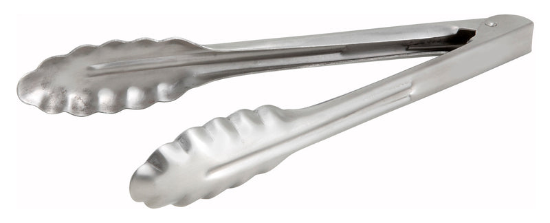 Winco UT-9HT 9 Inch Utility Tongs with Coiled Spring Scalloped Edge Stainless Steel