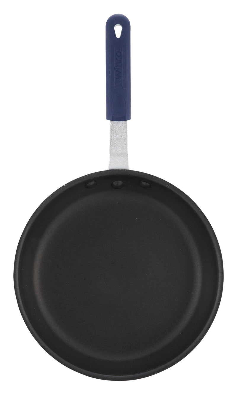 Winco AFP-10XC-H 10 Inch Fry Pan Round Without Lid Riveted Handle Aluminum Blue Silicone Sleeve