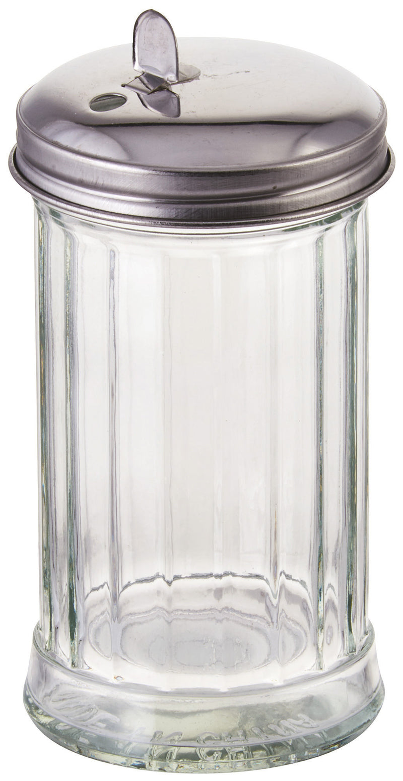 Winco G-102 12 Oz Glass Sugar Pourer With Silver Plated Flap Top