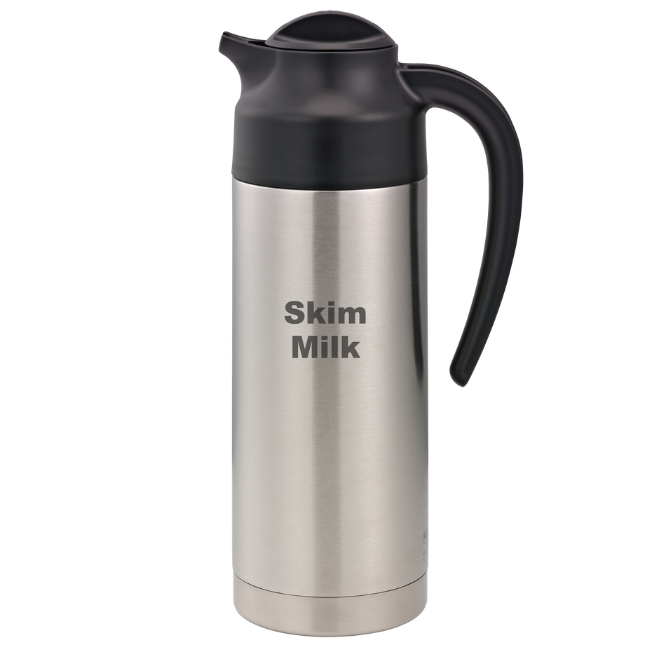 SteelVac® 1-Liter Vacuum Insulated Creamer with Steel Base Laser Etched "Skim Milk" in Brushed Stainless and Black