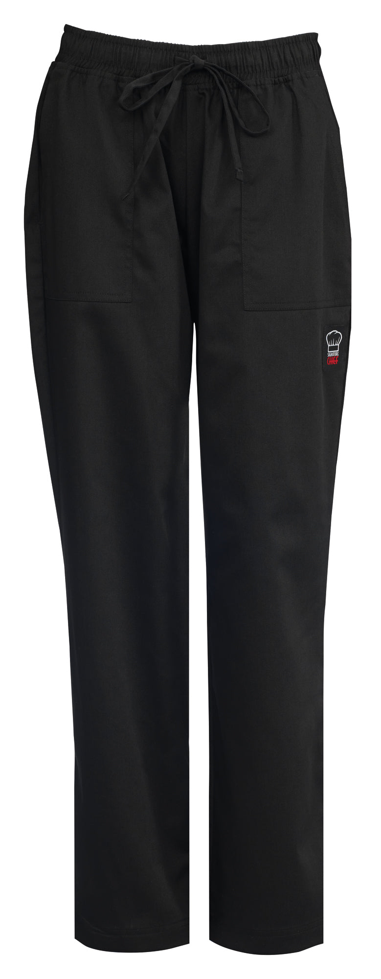 Winco UNF-8KL Large Chef Pants Poly-Cotton Elastic Waistband Black with Pockets