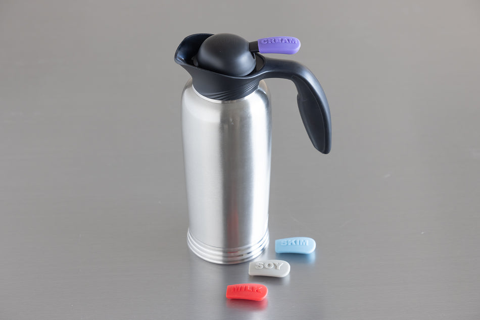 ErgoServ® 1-Liter Stainless Vacuum Insulated Creamer with Push Button Lid + ID Socks in Stainless and Black