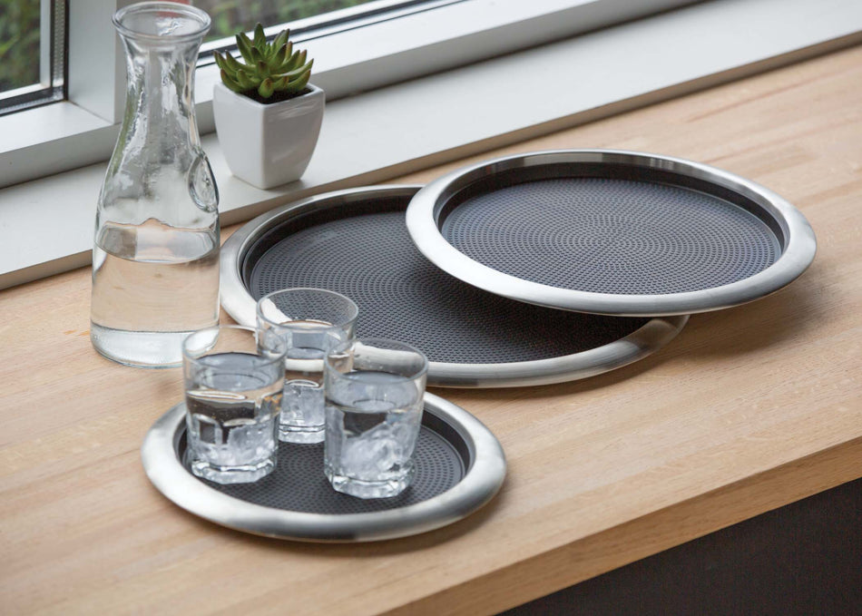 Non-Slip Removable Insert 11 in. Small Round Serving Tray in Brushed Stainless and Black