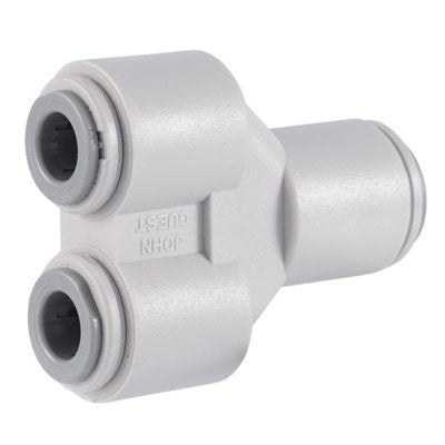 John Guest Gray Acetal 2-Way Divider 3/8" Tube OD Inlet x 5/16" Tube OD Oulets