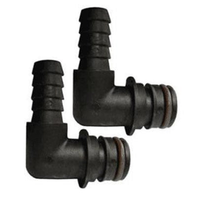 1/2" Barb to Flojet Quad Port 90 Degree Elbow Black Plastic Fitting, 2/pk