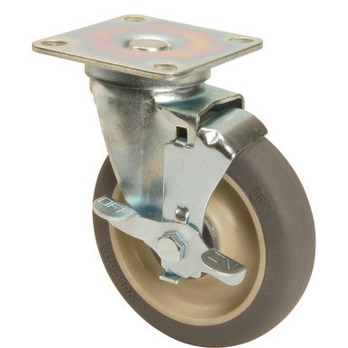 Medium-Duty 5" Plate Caster with Brake Gray polyurethane wheel with plastic hub