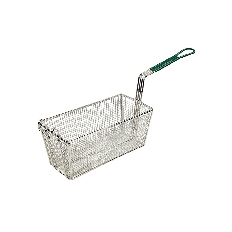 Winco 13 1/4 in x 6 1/2 in x 5 7/8 in Fry Basket with Green Handle - FB-30