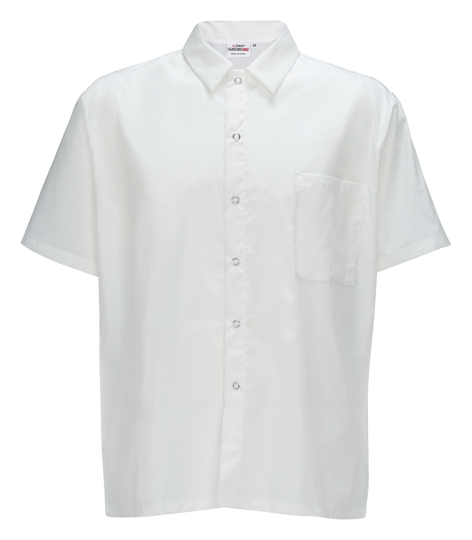 Winco UNF-1WXL Cook's Shirt XL Short Sleeved White Poly-Cotton Blend Snap Buttons