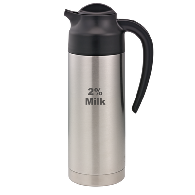 SteelVac® 1-Liter Vacuum Insulated Creamer with Steel Base Laser Etched "2% Milk" in Brushed Stainless and Black