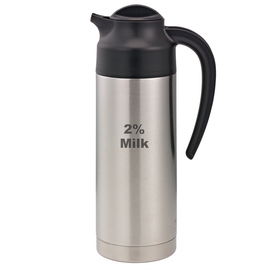 SteelVac® 1-Liter Vacuum Insulated Creamer with Steel Base Laser Etched "2% Milk" in Brushed Stainless and Black