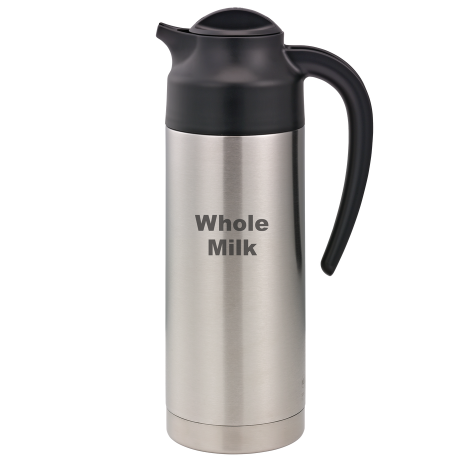 SteelVac® 1-Liter Vacuum Insulated Creamer with Steel Base Laser Etched "Whole Milk" in Brushed Stainless and Black