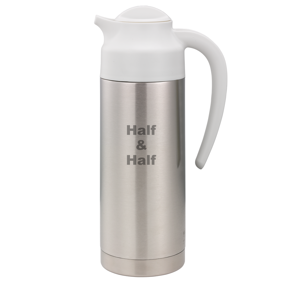 SteelVac® 1-Liter Vacuum Insulated Creamer with Steel Base Laser Etched "Half & Half" in Brushed Stainless and White