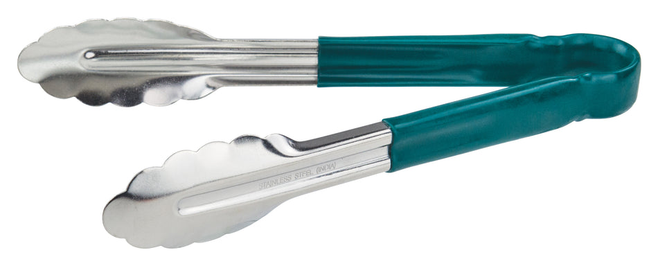 Winco UT-9HP-G 9 Inch Utility Tongs for Cold Food Service with Scalloped Edges and Heavy Duty Plastic Handle Green Stainless Steel