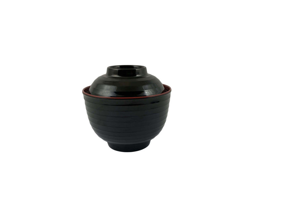 12 Pack 8 oz, Bowl: 4" Diameter x 2-3/4" Height, Lid:  3-5/8" Diameter x 1-1/4" Height, Overall Height:  4", Soup Vegetable Bowl, Two Tone (Black & Red), Melamine, BPA Free, Dishwasher Safe, Break-Resistant, Shatter-Resistant, No Microwave, No Oven, NSF