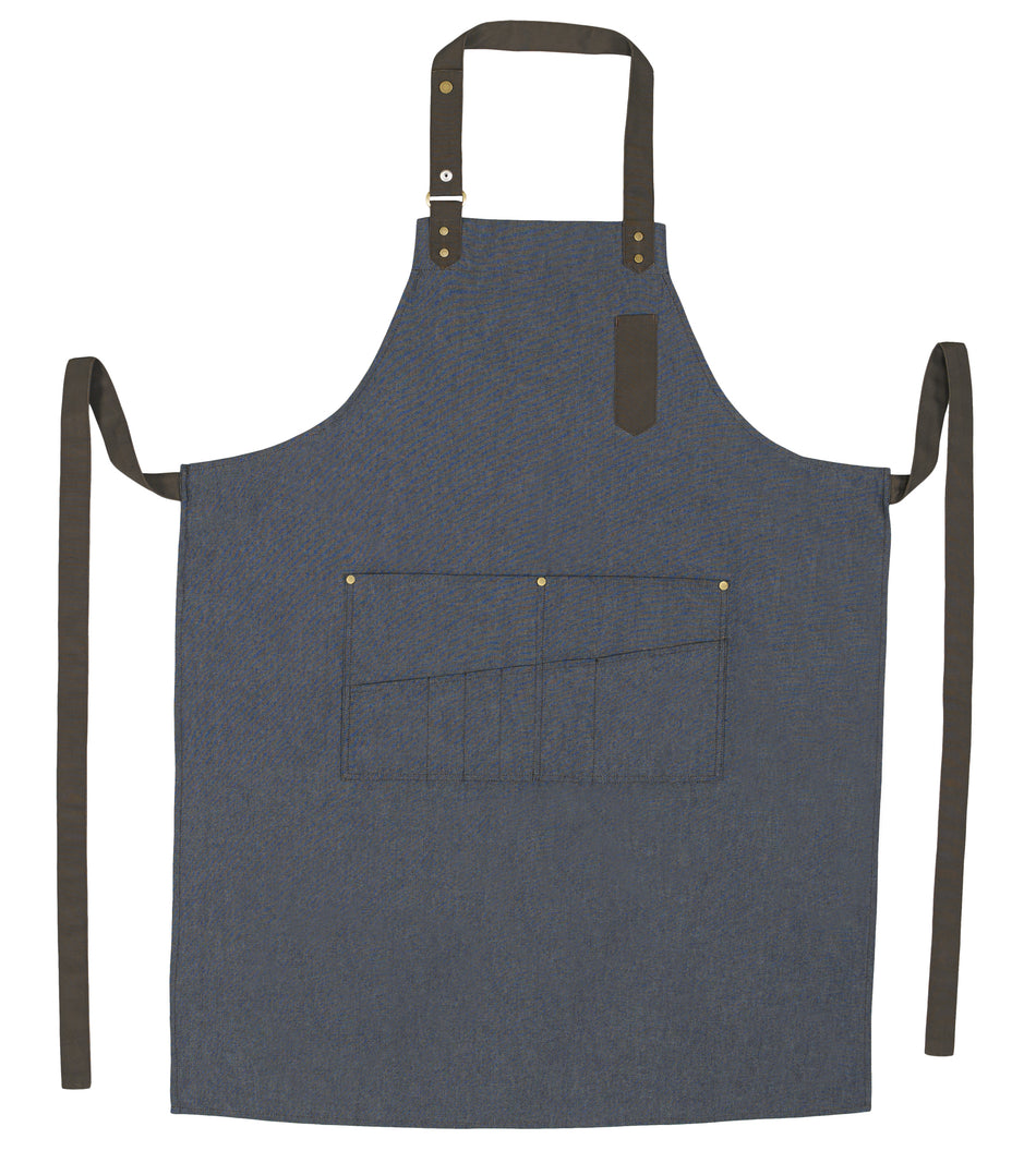 Winco BA-3327B 27 Inch Bib Apron with 8 Pockets Blue Poly-Cotton Blend